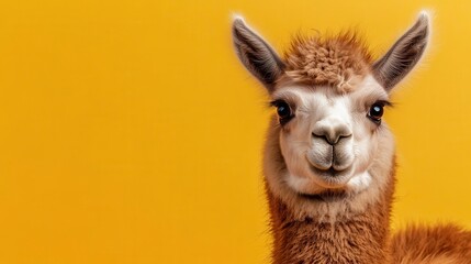 Obraz premium Adorable baby llama with fluffy fur on a solid orange background, cute and friendly