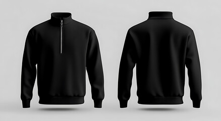 Blank black quarter zip sweater mockup, front and back view 