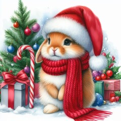 Watercolor painting of a bunny getting ready for christmas, wearing a santa hat and a red scarf
