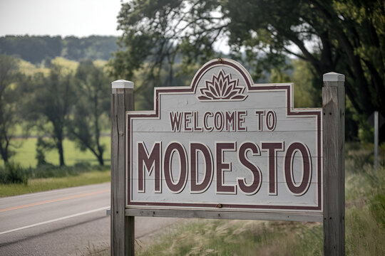 High-quality wooden "Welcome to Modesto" sign, perfect for US city entrance road signs, travel signage, urban landmarks, and city-themed projects.