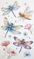 Colorful dragonflies with watercolor patterns in a whimsical artistic design