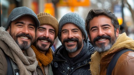 movember awareness event, diverse men sporting stylish mustaches support movember, smiling and standing in solidarity with awareness ribbons and health posters in the background