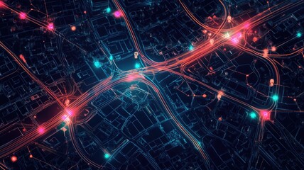 Fototapeta premium Aerial night shot of city's illuminated roads, showcasing vibrant network light paths