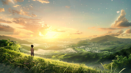 Serene Landscape at Sunrise with a Boy Gazing Over Rolling Hills and Lush Valleys Under a Colorful Sky Full of Clouds and Glowing Sunlight