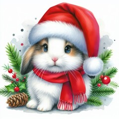Watercolor painting of a bunny getting ready for christmas, wearing a santa hat and a red scarf
