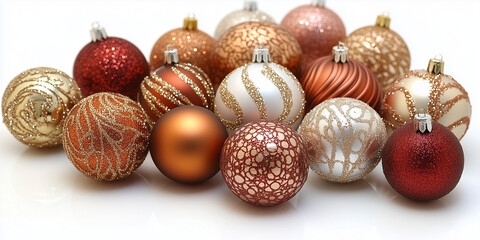 Set of Christmas ornaments in various shades and patterns, including reds, oranges, whites, golds, silvers, and copper colors arranged on a white background.