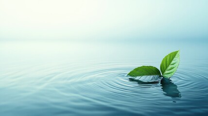 Green leaf floating on calm water, creating ripples around it