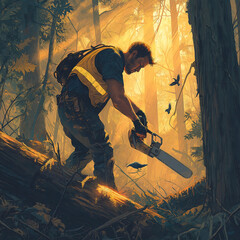 A logger skillfully guides a fallen tree with a chainsaw, surrounded by a dense forest. Sunlight filters through the trees, highlighting the beauty of bark and wildlife