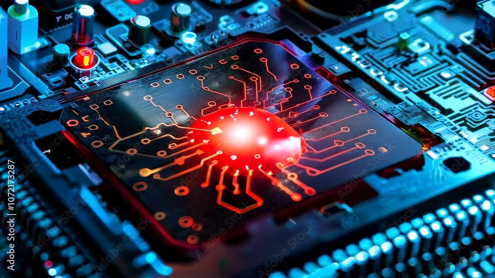 Poster close-up of a glowing microchip on a high-tech circuit board