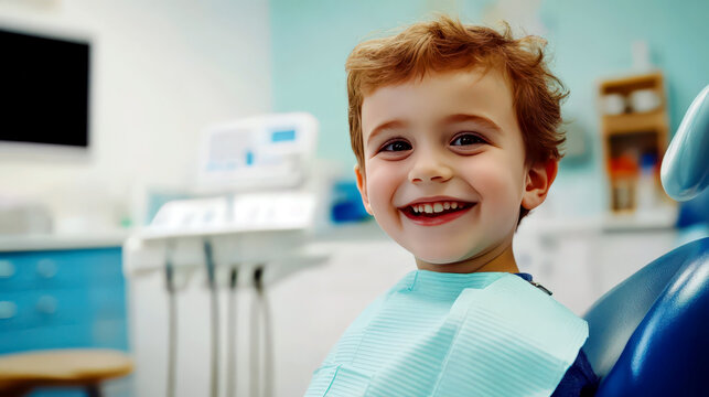 Celebrating World dentist day with happy child at dental clinic. International Dentist day. Stomatology Day. Children's Dental Health Month. Horizontal banner. Copy space
