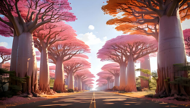 Create a whimsical 3D illustration of a hovering glazed porcelain The Avenue of Baoba.