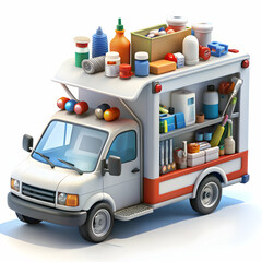 A cartoon ambulance filled with diverse medical supplies.