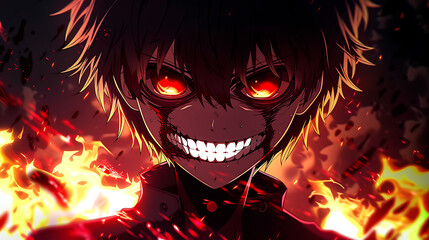 Intense illustration of a young character with fiery red eyes and a sinister grin, surrounded by a dramatic backdrop of flames and dark shadows, conveying emotion and energy.