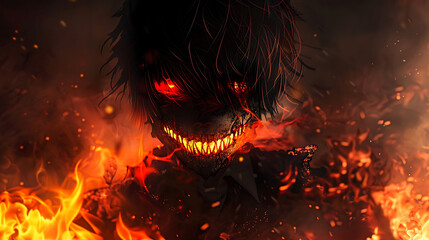 Dark and Fiery Character Portrait with Glowing Red Eyes and Grinning Mouth Surrounded by Flames, Perfect for Horror and Fantasy Themes