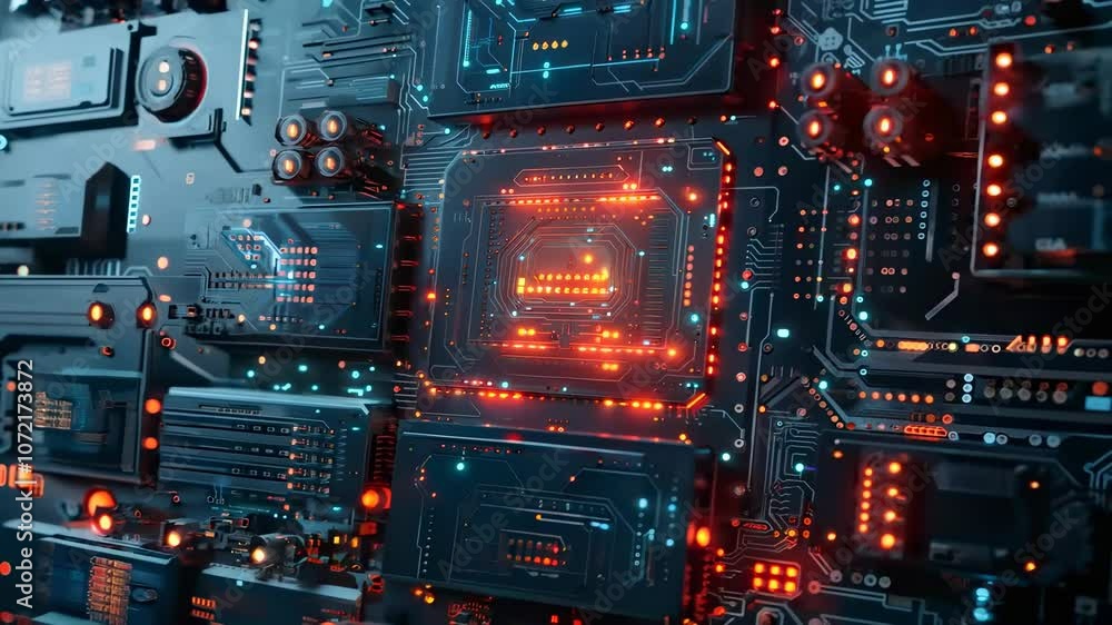 Poster futuristic circuit board with glowing elements in abstract technology design
