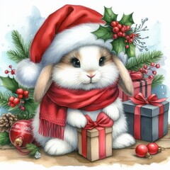 Watercolor painting of a bunny getting ready for christmas, wearing a santa hat and a red scarf
