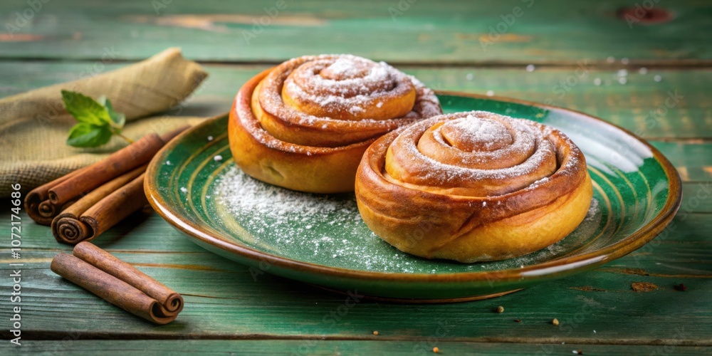 Poster cinnamon rolls dusted with powdered sugar on a green plate with cinnamon sticks on a rustic wooden s