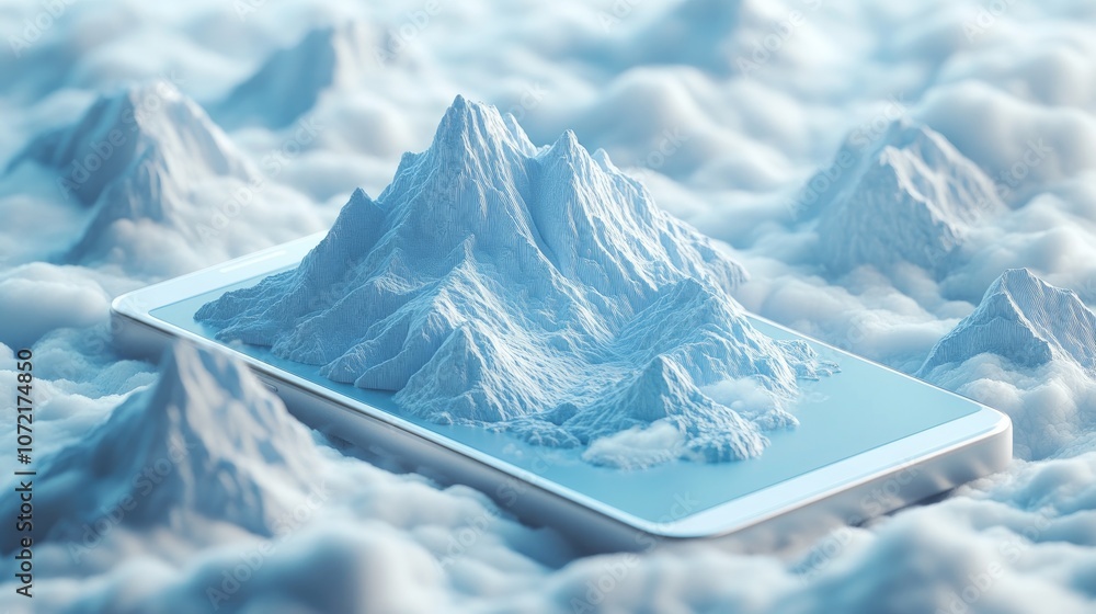Poster a 3d rendered image of a mountain range on a smartphone screen floating on a bed of clouds.