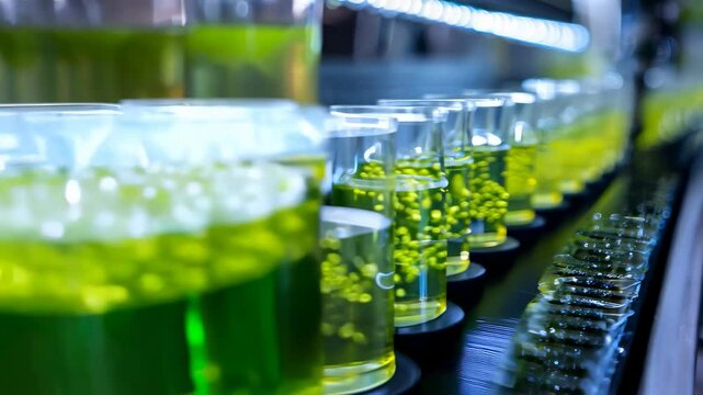 Vibrant green liquid in laboratory beakers showcasing scientific research