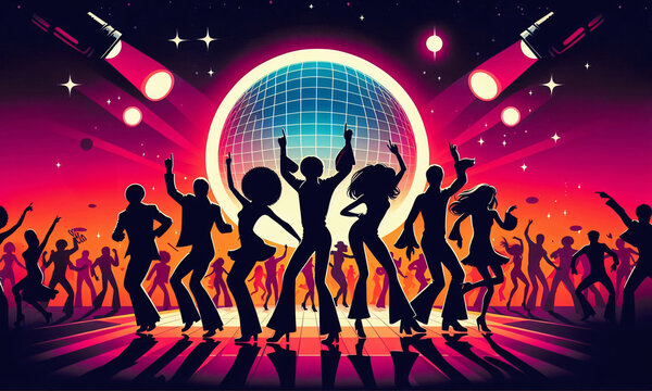 T&auml;nzer, auf der Tanzfl&auml;che, die zu lebhafter ausgelassen Musik tanzen, bunte B&uuml;hnenlichter, Schlagerparty, copy space