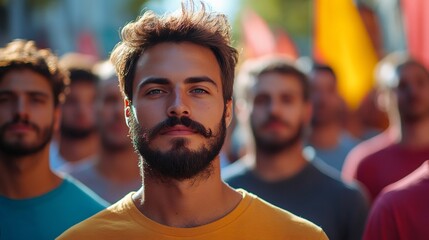 movember fundraiser, mens health event with mustachioed men in movember shirts, gathered under banners and posters in support