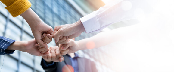 Panoramic Teamwork,empathy,partnership and Social connection in business join hand together...