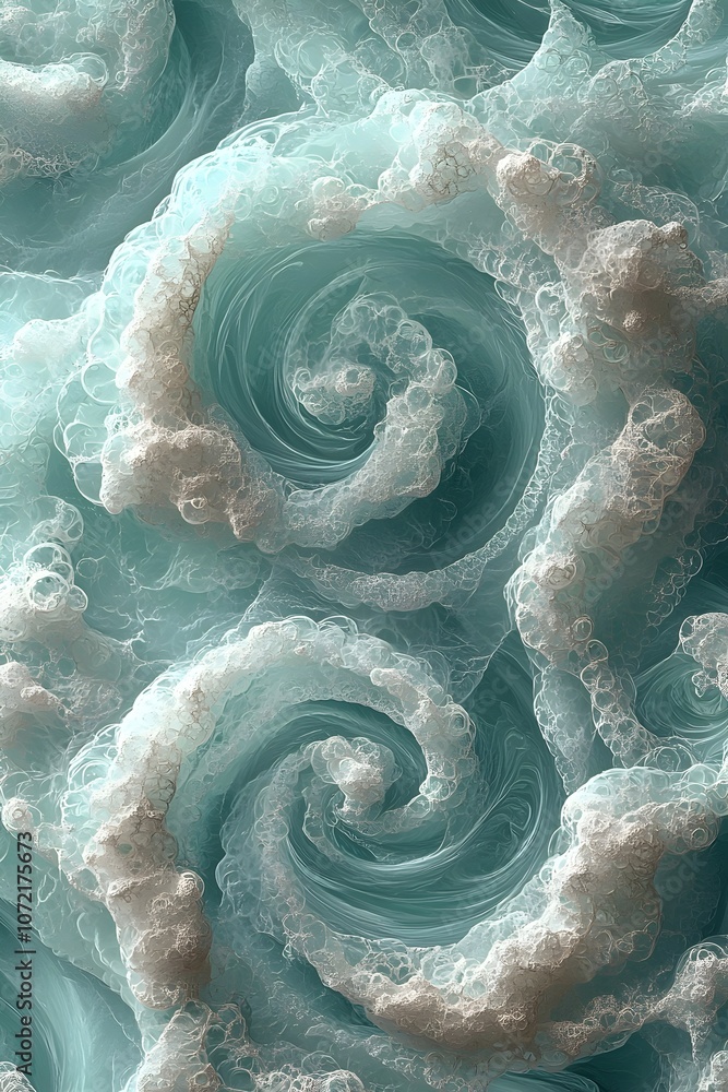 Poster An abstract image of swirling aqua and white patterns, resembling ocean waves and bubbles, creating a sense of motion and tranquility in a fluid design.