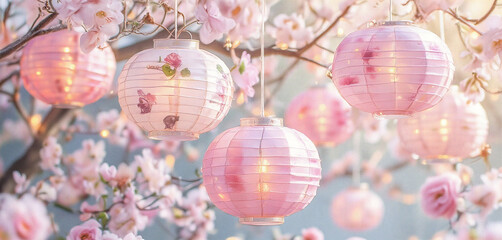 Cherry blossom lanterns hanging outdoors in soft pink spring light