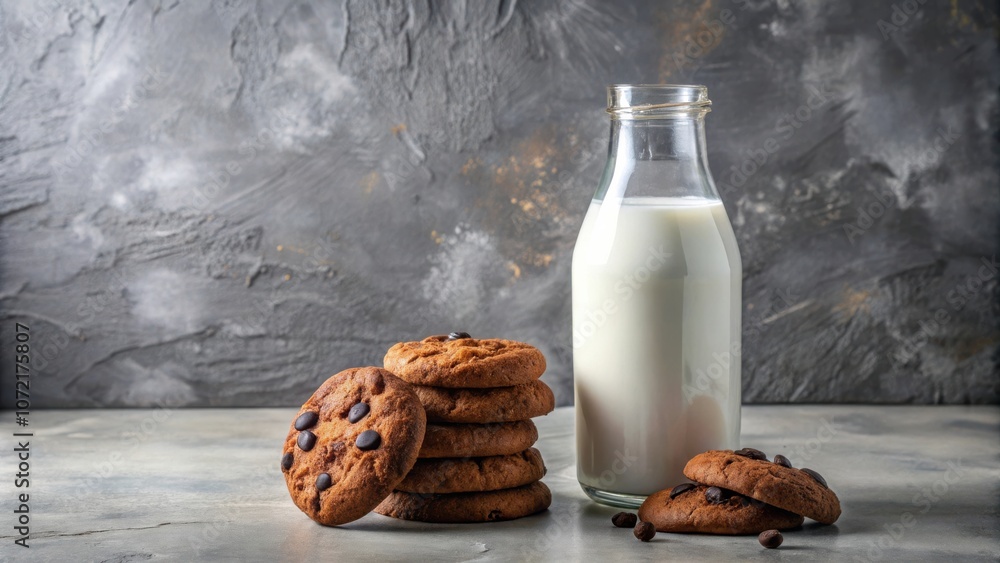 Aufkleber a stack of chocolate chip cookies and a bottle of milk on a gray surface