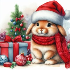 Watercolor painting of a bunny getting ready for christmas, wearing a santa hat and a red scarf
