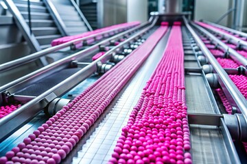 Closeup of a Conveyor Belt Filled with Vibrant Pink Tablets in a Pharmaceutical Factory, Highlighting Modern Medication Production and Innovative Manufacturing Processes