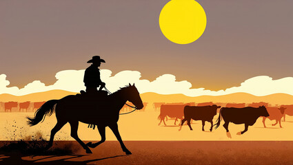 Fototapeta premium Cowboy on horseback driving cattle across sunlit plains scene.