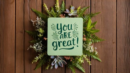 rustic wooden background with small green card with motivational message you are great surrounded by plants decoration copy space
