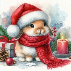 Watercolor painting of a bunny getting ready for christmas, wearing a santa hat and a red scarf
