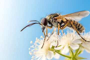 Naklejka premium A close-up of a bee on a flower against a blue sky, highlighting nature's beauty.