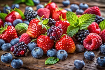 Closeup of an Abundance of Fresh Berries on a Wooden Surface, Showcasing Raspberries, Blueberries, Strawberries, and Blackberries for a Vibrant and Colorful Food Photography Scene