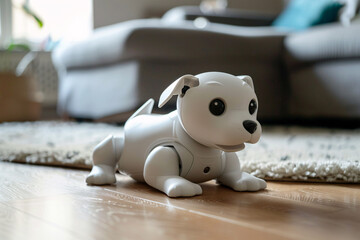 Cute white robotic android dog on livingr oom floor