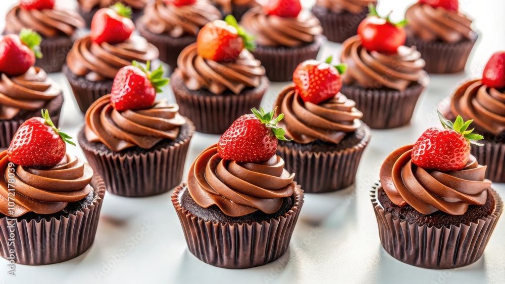 Poster a close-up of chocolate cupcakes topped with whipped cream and a single strawberry each