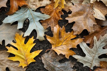 A collection of autumn leaves in various colors scattered on the ground.