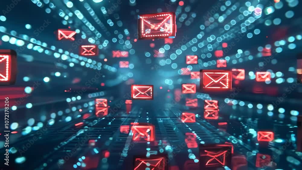 Poster dynamic digital communication with glowing email icons in abstract space