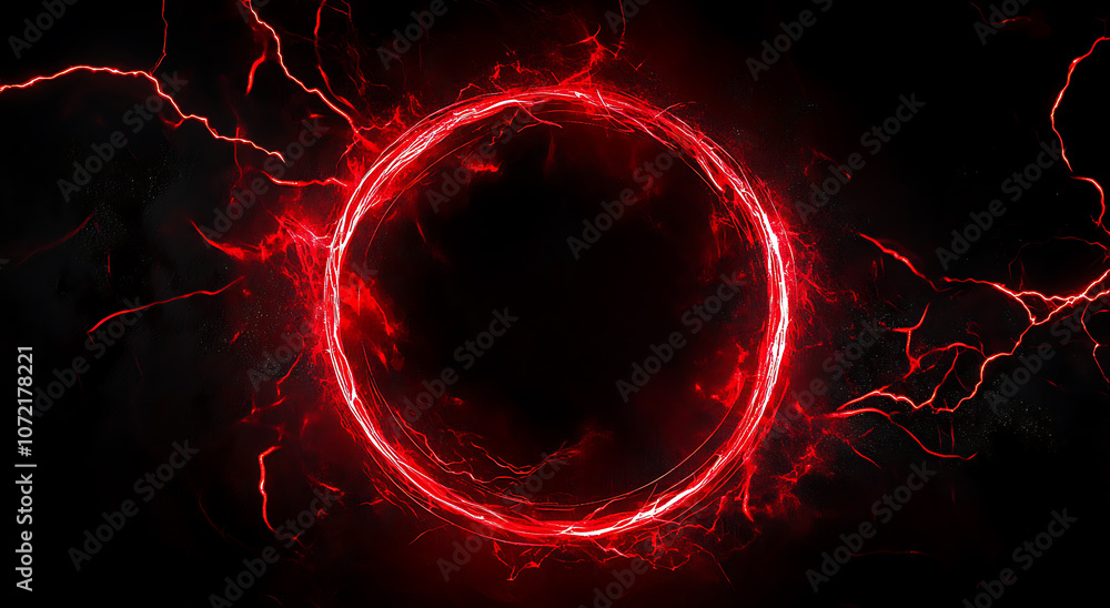Poster red abstract circle plasma lightning particle effect, ring with swirling glow particles visual effec