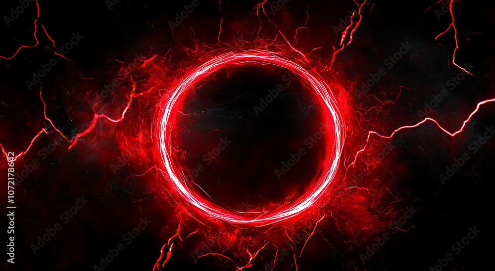 Poster red abstract circle plasma lightning particle effect, ring with swirling glow particles visual effec