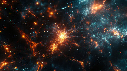 Fototapeta premium Intricate visualization of cosmic network, showcasing vibrant orange and blue connections against dark backdrop, evoking sense of wonder and exploration