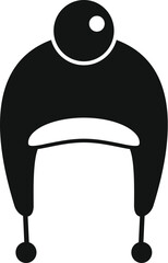 Black and white icon of a warm winter hat with ear flaps and a pompom, perfect for cold weather