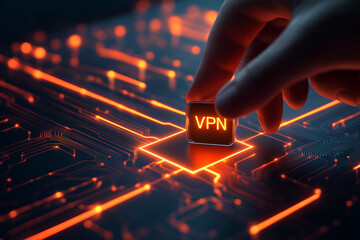 A close-up view of a glowing VPN chip on a dark circuit board.