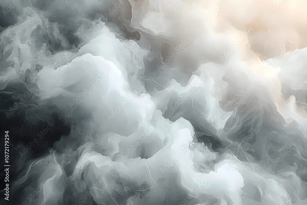 Poster an abstract representation of swirling clouds in shades of gray and white, creating a serene and eth