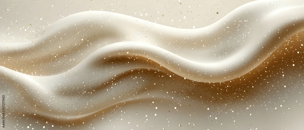 Poster An elegant abstract background featuring smooth, flowing lines in soft beige and gold hues, creating a luxurious and serene atmosphere with subtle sparkles.