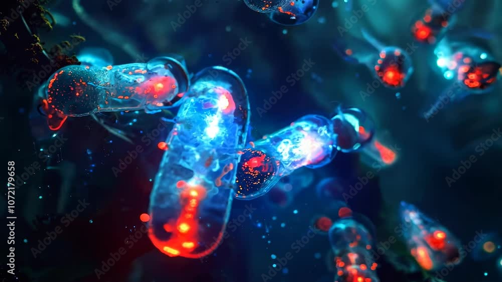 Poster abstract digital representation of glowing microorganisms in a futuristic environment