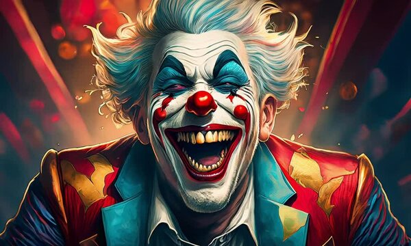 erratic and terrifying joker laughing with smoke and dark background