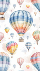 Hot air balloons in vibrant watercolor designs on a whimsical artistic background
